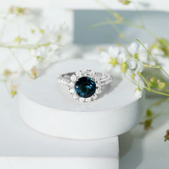 8mm Round London Blue Topaz Halo Engagement Ring with Moissanite
