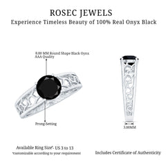 Black Onyx Solitaire Band Ring with Cut Work