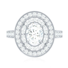 Milgrain Embellished Oval Moissanite Double Halo Engagement Ring
