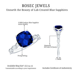 Certified 2.75 Carat Lab Grown Blue Sapphire Cushion Cut Engagement Ring with Diamond