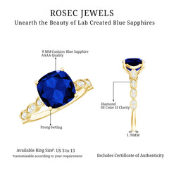 Certified 2.75 Carat Lab Grown Blue Sapphire Cushion Cut Engagement Ring with Diamond