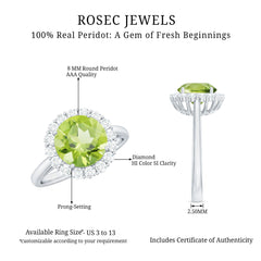 2 Carat Round Peridot and Diamond Halo Engagement Ring