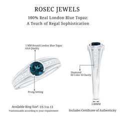 Genuine London Blue Topaz Engagement Ring with Diamond Side Stones