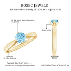 6 MM Certified Aquamarine Solitaire Promise Ring with Diamond