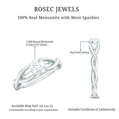 Certified Moissanite Solitaire Engagement Ring in Crossover Shank