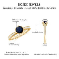 Real Blue Sapphire Solitaire Engagement Ring with Diamond