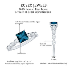 6mm Princess Cut London Blue Topaz Solitaire Ring with Diamond