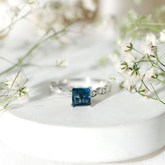 6mm Princess Cut London Blue Topaz Solitaire Ring with Diamond