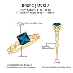 6mm Princess Cut London Blue Topaz Solitaire Ring with Diamond