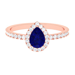Natural Blue Sapphire and Diamond Teardrop Halo Engagement Ring