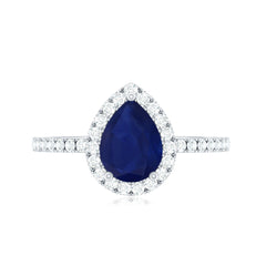 Natural Blue Sapphire and Diamond Teardrop Halo Engagement Ring