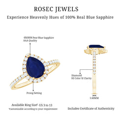 Natural Blue Sapphire and Diamond Teardrop Halo Engagement Ring