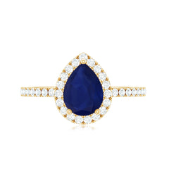 Natural Blue Sapphire and Diamond Teardrop Halo Engagement Ring