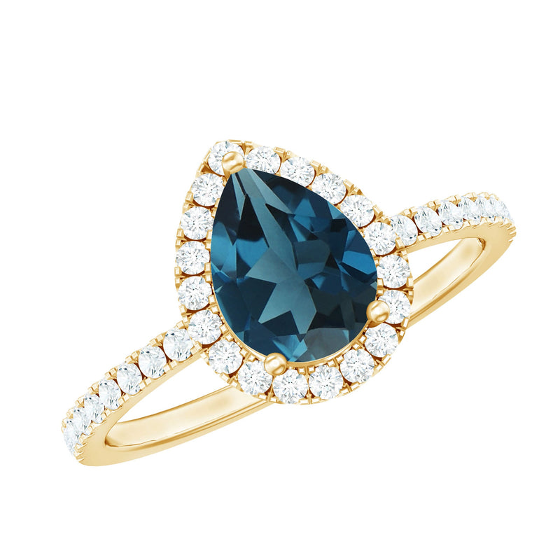 5X7 mm Pear Shape London Blue Topaz Teardrop Engagement Ring with Diamond Halo
