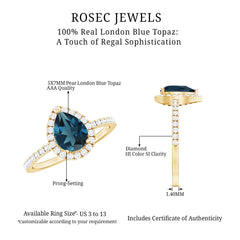 5X7 mm Pear Shape London Blue Topaz Teardrop Engagement Ring with Diamond Halo