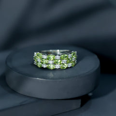 Certified Natural Peridot 3 Row Wedding Band with Moissanite