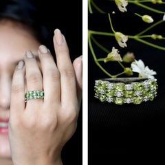 Certified Natural Peridot 3 Row Wedding Band with Moissanite