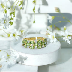 Certified Natural Peridot 3 Row Wedding Band with Moissanite
