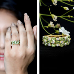 Certified Natural Peridot 3 Row Wedding Band with Moissanite