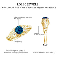 7mm Round London Blue Topaz Vintage Looking Engagement Ring with Diamond