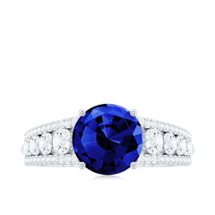 Solitaire Created Blue Sapphire Statement Engagement Ring with Moissanite