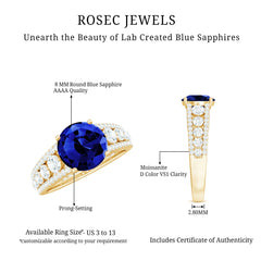 Solitaire Created Blue Sapphire Statement Engagement Ring with Moissanite