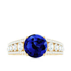 Solitaire Created Blue Sapphire Statement Engagement Ring with Moissanite