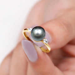 Round Tahitian Pearl Solitaire Engagement Ring with Moissanite