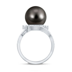Tahitian Black Pearl Art Deco Engagement Ring with Diamond
