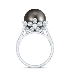 10MM Solitaire Tahitian Black Pearl Engagement Ring with Floral Setting