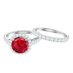 Lab Created Ruby Halo Engagement Ring with Moissanite Enhancer Ring