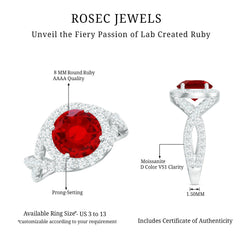 Lab Created Ruby Criss Cross Engagement Ring with Moissanite Halo