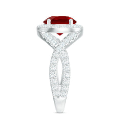 Lab Created Ruby Criss Cross Engagement Ring with Moissanite Halo