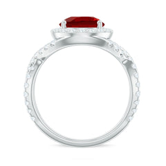 Lab Created Ruby Criss Cross Engagement Ring with Moissanite Halo