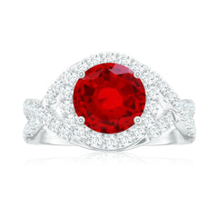 Lab Created Ruby Criss Cross Engagement Ring with Moissanite Halo