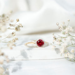 Split Shank Round Created Ruby Solitaire Ring with Surprise Diamond