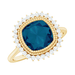 Cushion Cut Blue Topaz Statement Engagement Ring with Diamond Halo