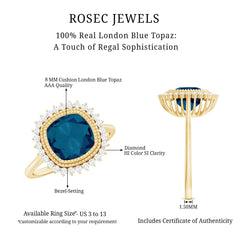 Cushion Cut Blue Topaz Statement Engagement Ring with Diamond Halo