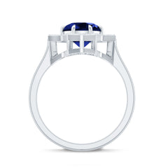 Certified 2.7 Carat Lab Grown Blue Sapphire Engagement Ring with Diamond Star Halo