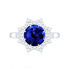 Certified 2.7 Carat Lab Grown Blue Sapphire Engagement Ring with Diamond Star Halo