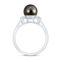 Tahitian Black Pearl Engagement Ring with Diamond Floral Halo
