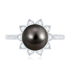 Tahitian Black Pearl Engagement Ring with Diamond Floral Halo