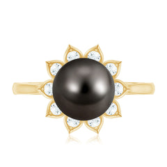Tahitian Black Pearl Engagement Ring with Diamond Floral Halo