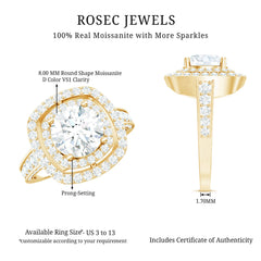 8mm Round Shape Moissanite Double Halo Statement Ring