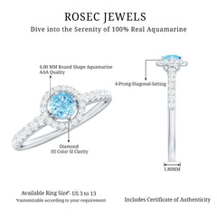 Certified Natural Aquamarine Engagement Ring with Diamond Halo