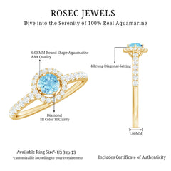 Certified Natural Aquamarine Engagement Ring with Diamond Halo