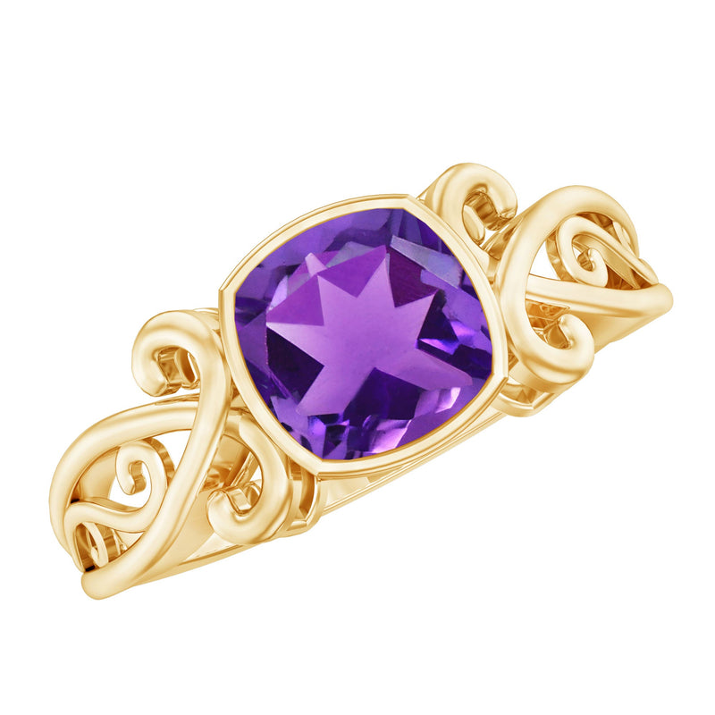 2 CT Vintage Inspired Cushion Cut Amethyst Solitaire Ring