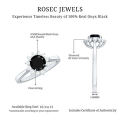 Round Cut Black Onyx and Diamond Engagement Ring For Women