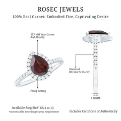 Genuine 5X7mm Garnet Pear Shaped Engagement Ring with Diamond Halo