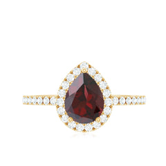 Genuine 5X7mm Garnet Pear Shaped Engagement Ring with Diamond Halo